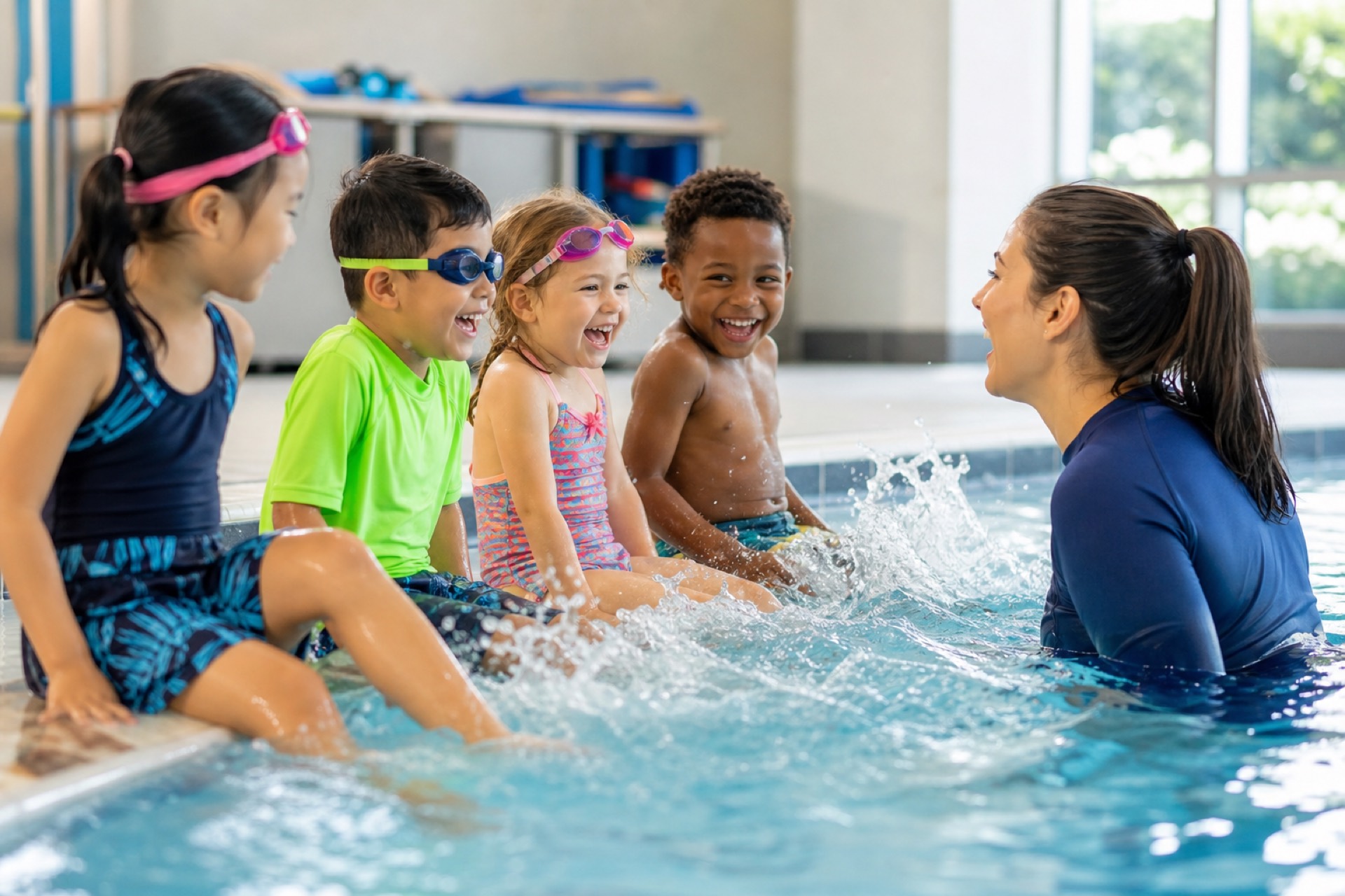 A group of young children on the pool edge laughing with their swim instructor